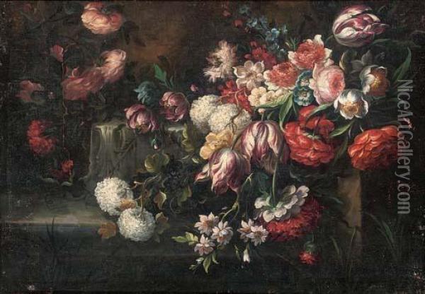 Roses, Parrot Tulips, Morning Glory And Other Flowers On A Ledge Oil Painting - Mario Nuzzi Mario Dei Fiori