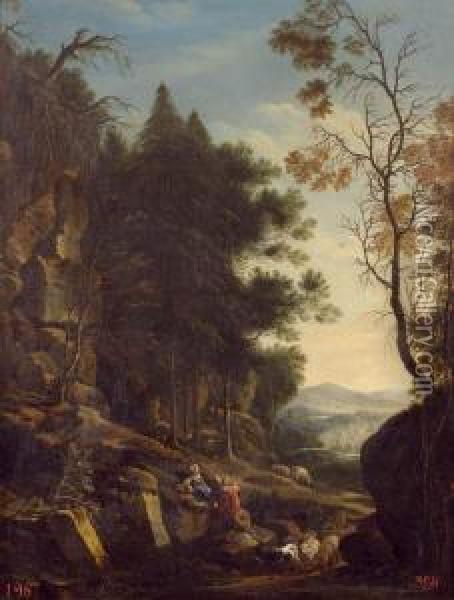 Landscape With Shepherd Couple. Oil Painting - Johann Fried. Alex. Thiele