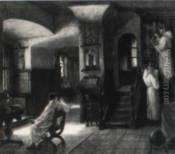 Klosterbibliothek Mit Vier Monchen Im Gesprach Oil Painting - Ludwig Christian F. W. von Rossler