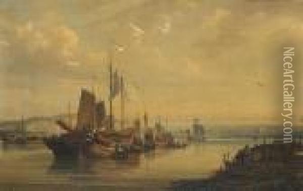 A View Of Junks On The Pearl River, China Oil Painting - Auguste Borget