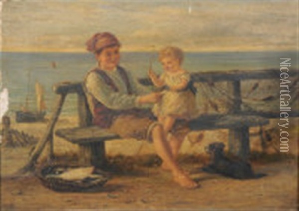 A Fisher Boy On A Bench Sibling On His Knee Oil Painting - James Drummond