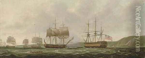 The British fleet anchored off St. Helena Oil Painting - Thomas Whitcombe
