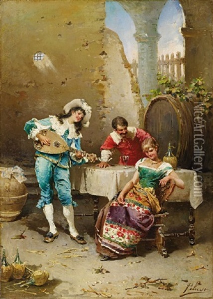Galante Szene Mit Einem Kavalier, Einer Dame Und Einem Lautenspieler Oil Painting - Francesco Peluso