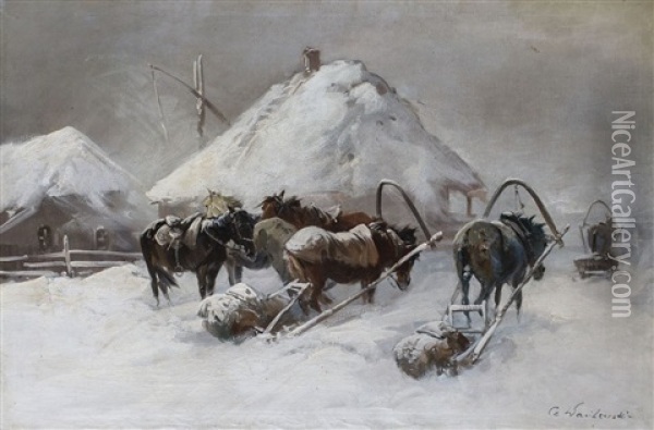 Sanie Przed Osniezona Chata Oil Painting - Czeslaw Wasilewski