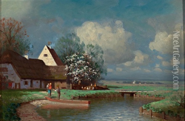 Fruhlingsidyll Mit Bauernhof Am Ufer Eines Weihers Oil Painting - Carl Leopold