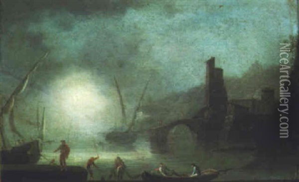 Moonlit Harbor Scene With Fishermen Oil Painting - Francesco Fidanza
