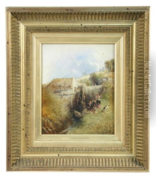 Children With Their Dog Playing By A Watermill Oil Painting - Thomas Creswick