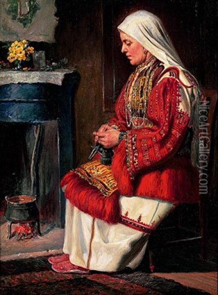 Frau In Malerischer Tracht Am Offenen Kamin Oil Painting - Max Thedy