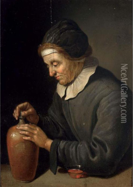 An Elderly Woman Corking A Wine Jug Oil Painting - Jacob Van Toorenvliet