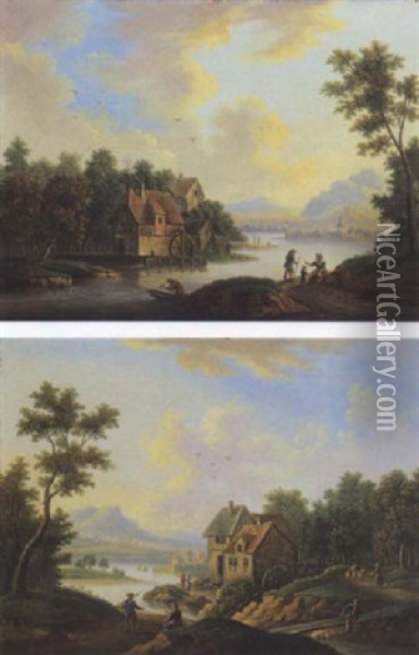 Flusslandschaft Mit Fussgangern Und Fischern Oil Painting - Franz Schuetz