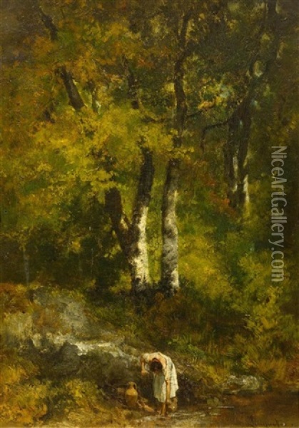 Girl By A Stream Oil Painting - Alexandre Marie Longuet
