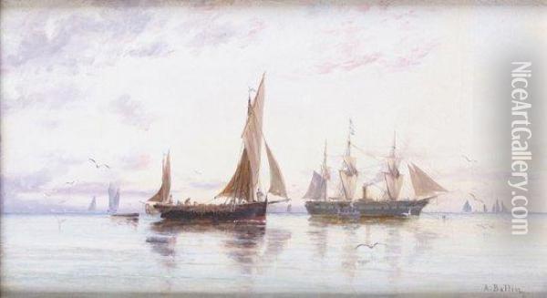 Bateau De Peche Et Navire De Guerre Oil Painting - Auguste Ballin