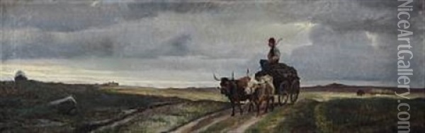Landscape With A Farmer On His Wagon Oil Painting - Otto Haslund