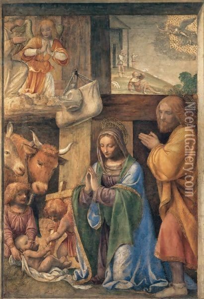 Nativity and Annunciation to the Shepherds Oil Painting - Bernardino Luini