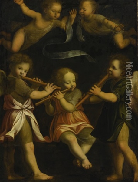 Three Flute Playing Angels With Two Putti In Flight Above Oil Painting - Bernardino Luini