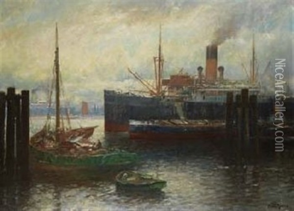 Hamburger Hafen Mit Frachtdampfern Und Segelbooten Oil Painting - Franz Mueller-Gossen