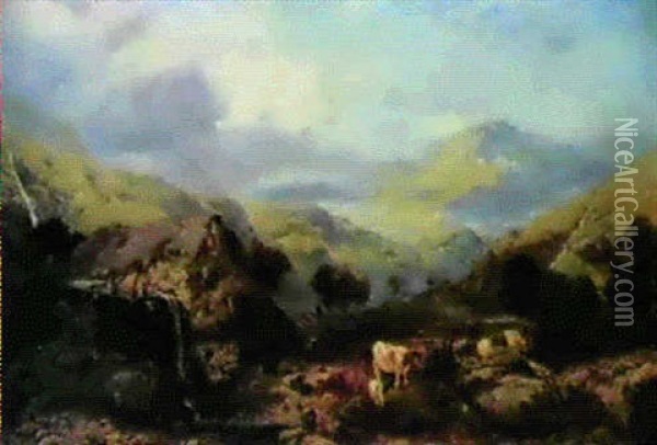 Cattle And A Figure Before A Water Mill In The Welsh        Mountains Oil Painting - Henry Bright