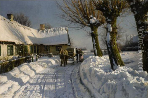Vinterdag, Herstedvester (winter In Herstedvester) Oil Painting - Peder Mork Monsted