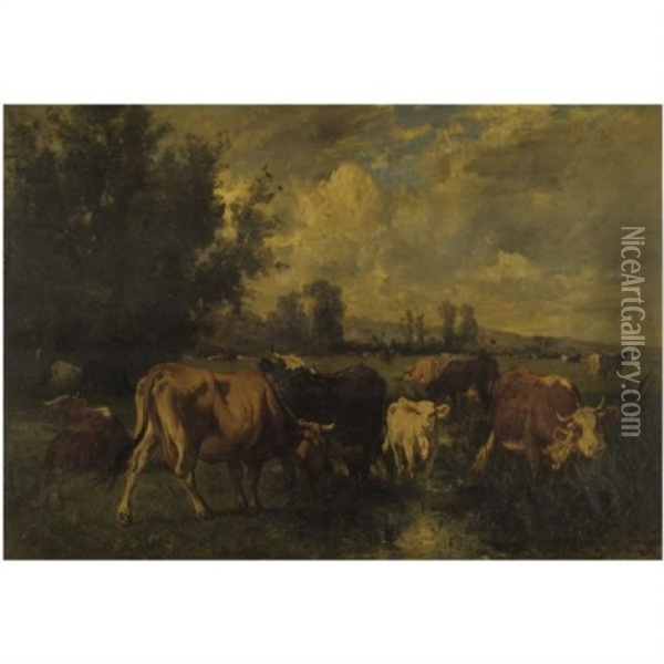 Cattle In A Field Oil Painting - Emile van Marcke de Lummen