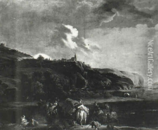 Landscape With Travellers And A Wagon Oil Painting - Jan van Huchtenburg