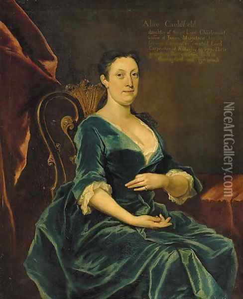 Portrait of Alice Caulfeild, daughter of William, 1st Viscount Charlemont, three-quarter-length, in a blue dress, seated in an interior Oil Painting - Joseph Highmore