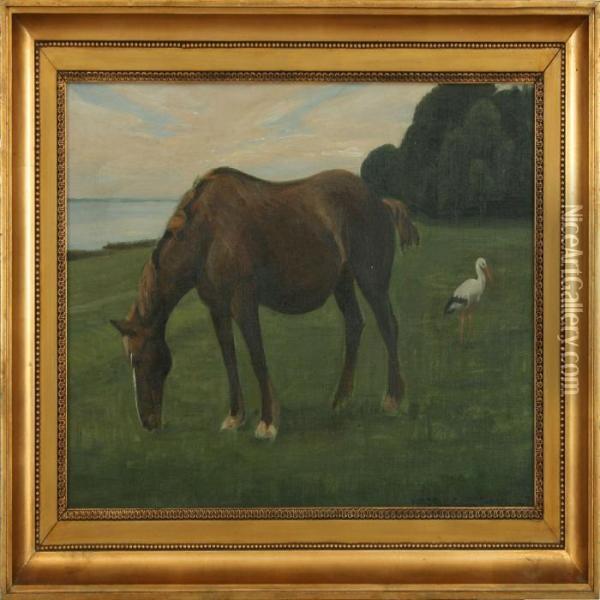 Landscape With Astork And A Horse Oil Painting - Harald Slott-Moller