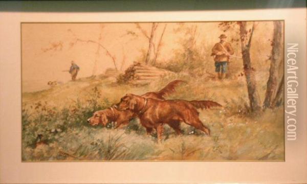 Two Irish Setters On Point Oil Painting - L. Langlois