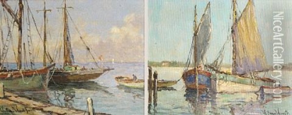 Docked Sail Boat (+ Another; Pair) Oil Painting - William Dudley Brunett Ward Jr.