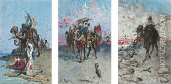 Bedouins In The Desert, A Set Of Three Oil Painting - Raffaello Resio