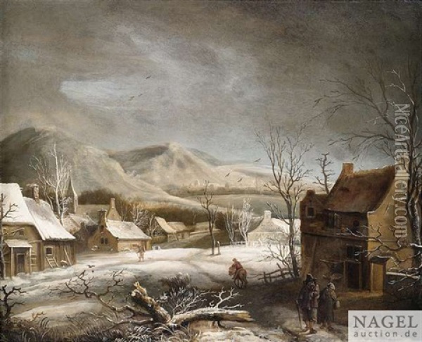 Winterliche Dorfstrase Oil Painting - Jan Looten