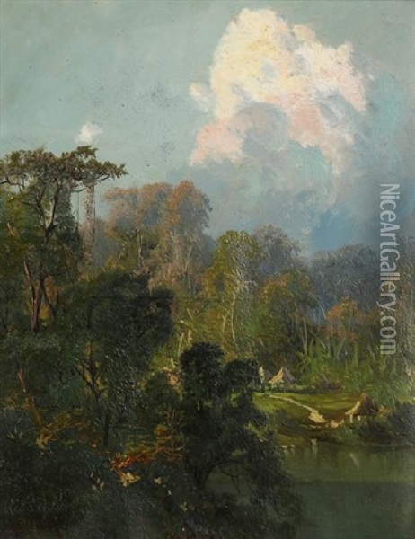 Tropical Panama Landscape With Native Huts Oil Painting - Ransom Gillet Holdredge