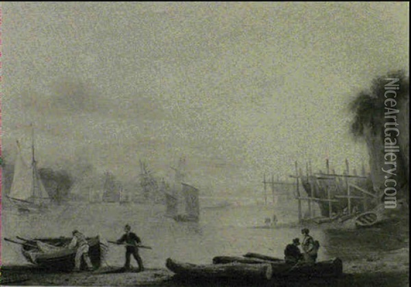 Figures And Boats On An Estuary, Shipbuilding Beyond Oil Painting - Thomas Luny
