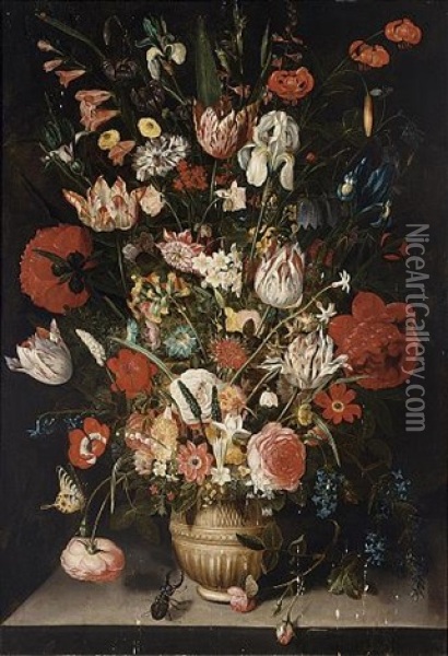 A Still Life With Tulips, Roses, Irises, Carnations, Raceme Daffodils, Poppy Anemones, Hyacinth And Other Flowers In A Stoneware Vase, With A Butterfly And A Stag Beetle Oil Painting - Pieter Binoit
