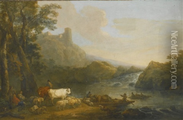 A Rocky Landscape With Figures Ferrying Livestock Across A River Oil Painting - Philip James de Loutherbourg