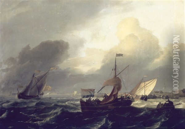 Small Dutch Vessels In Breezy Coastal Waters, A Harbour Beyond Oil Painting - Ludolf Backhuysen the Elder