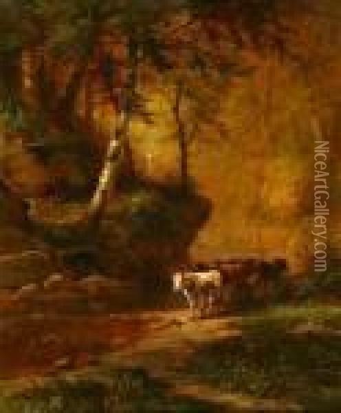 Cows By A Stream Oil Painting - James Brade Sword