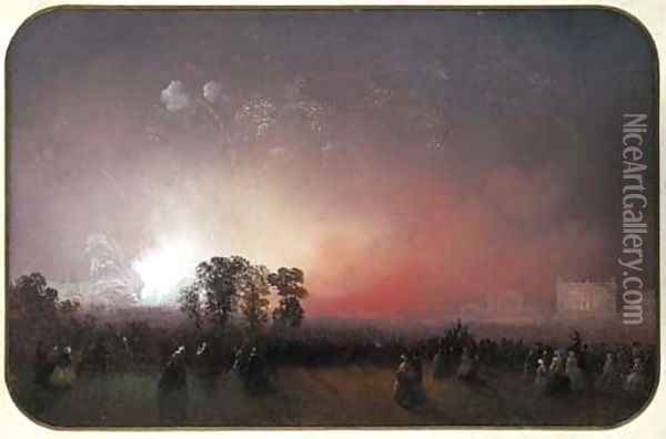 Fireworks over Bridgewater House on the occasion of the Peace Celebrations after the Crimean War, May 1856 Oil Painting - Carlo Bossoli