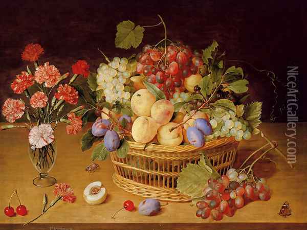 A Still Life Of A Vase Of Carnations To The Left Of A Basket Of Fruit Oil Painting - Gerrit Van Honthorst