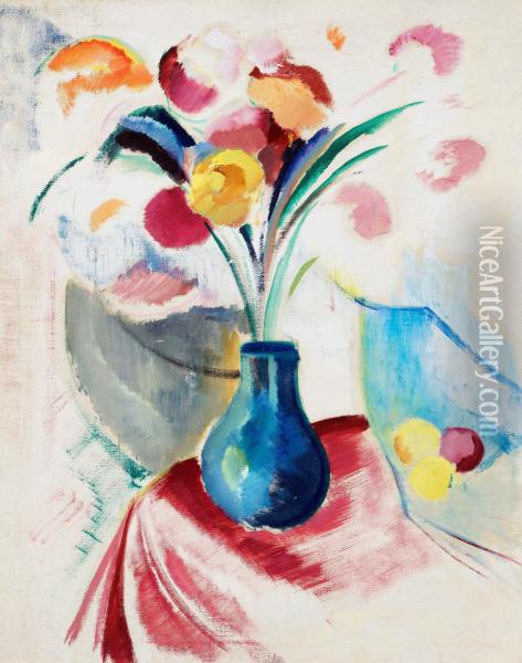 Still Life In Blue Vase Oil Painting - Leander Engstrom