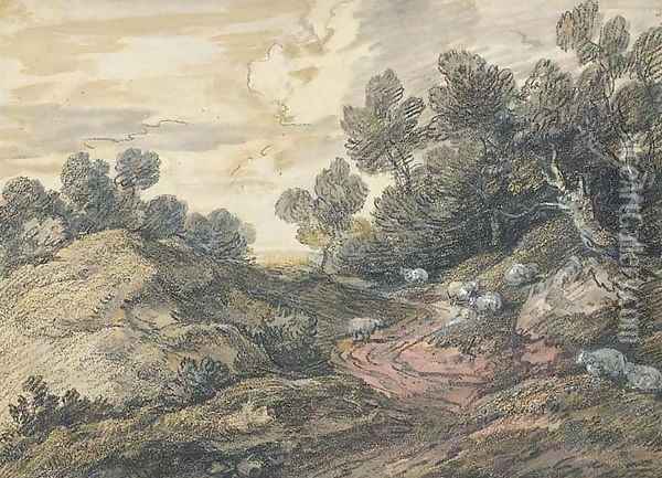 A wooded landscape with sheep grazing by a winding track Oil Painting - Thomas Gainsborough