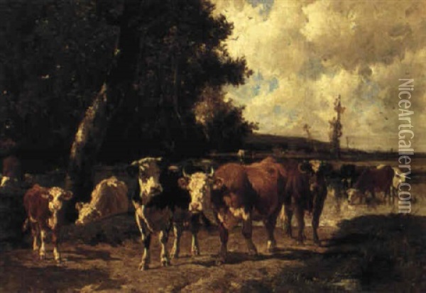 A Herd Of Cows On A Country Path Oil Painting - Emile van Marcke de Lummen