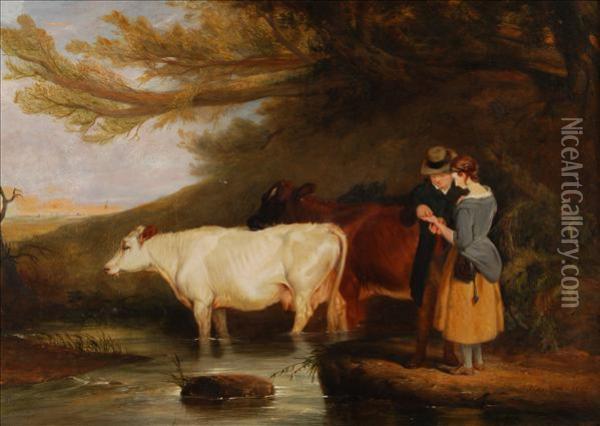 Young Lovers Atthe Watering Place Oil Painting - Charles Hancock
