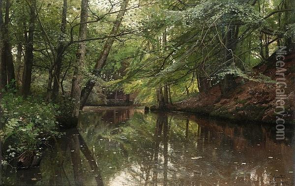 A Tranquil River In A Wood Oil Painting - Peder Mork Monsted