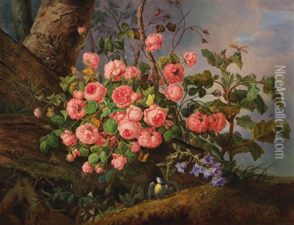 Still Life Of Roses With A Butterfly Oil Painting - Franz Xaver Gruber