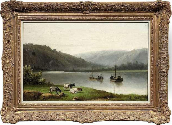 Barges On Ariver In Mountainous Landscape Oil Painting - Albert De Keyser