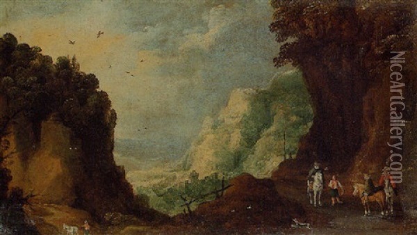 An Extensive Mountain Landscape With Travellers On A Pass, A Valley Beyond Oil Painting - Joos de Momper the Younger