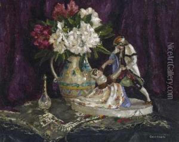 Porzellanfigur Und Rhododendron Oil Painting - Carl Piepho