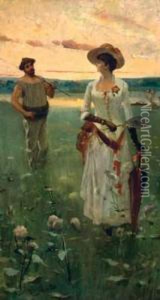 Elegante Avec Un Pecheur, Circa 1890 Oil Painting - David Eugene Girin