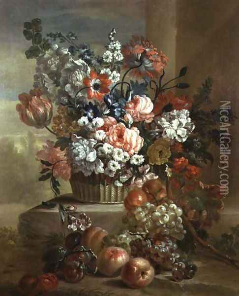 Still life of a basket of flowers and fruit Oil Painting - Pauwel Casteels