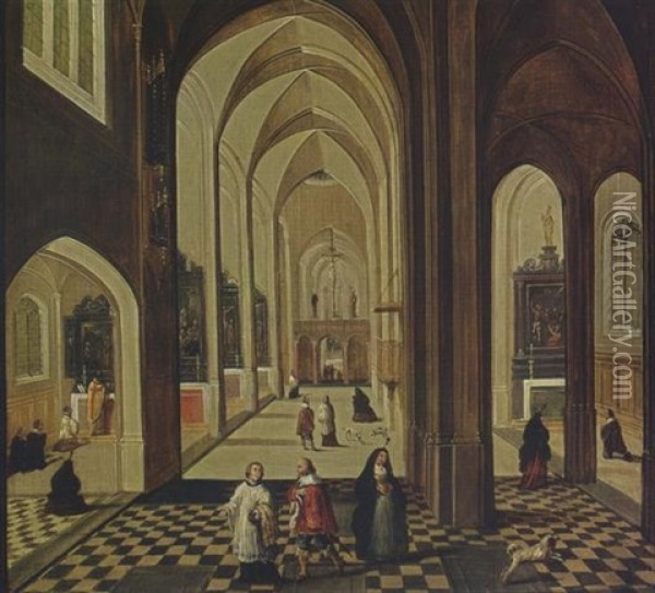 A Church Interior With Figures Attending Mass, And A Priest And Other Figures Conversing In The Foreground Oil Painting - Peeter Neeffs the Younger